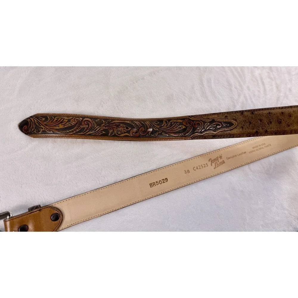 Tony Lama C42525 Men's Rustic Ostrich Print Floral Tooled Leather Belt Size 38